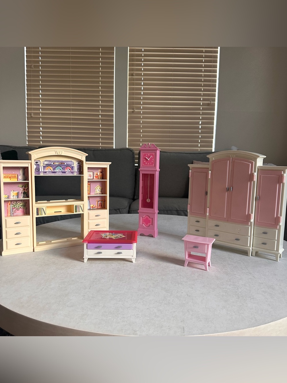 Y2K Barbie Pink and Cream Doll Furniture Set - Armoire, Desk, Clock, Tables